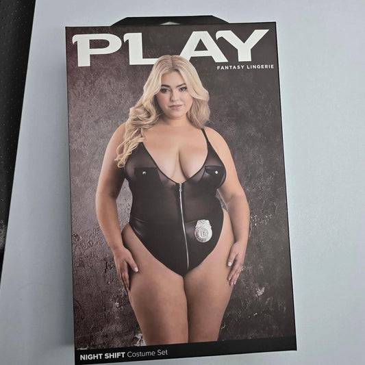 Black mesh bodysuit with faux leather accents and silver badge detail #bodysuit #mesh - Image 2