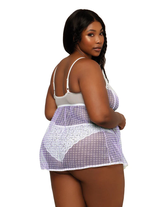 Dreamgirl Lace and Gingham Printed Mesh Babydoll and Panty Set