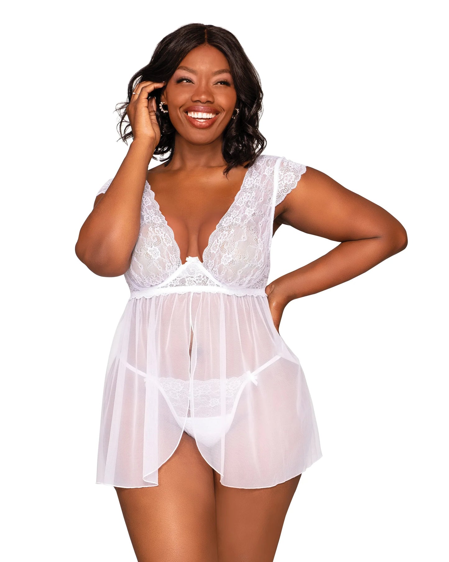 Dreamgirl Lace Mesh Babydoll & G-String Set with Exposed Underwire Cup Detail