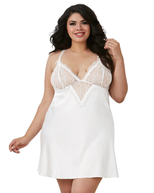 Dreamgirl Plus Size Silky Satin Charmeuse Chemise with Eyelash Lace
