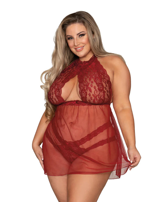 Dreamgirl Stretch Lace Babydoll & Panty Set with Halter Neck & Key Hole Detail