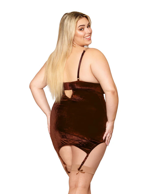 Stretch Velvet and Embroidered Band Garter Slip and G-String Set