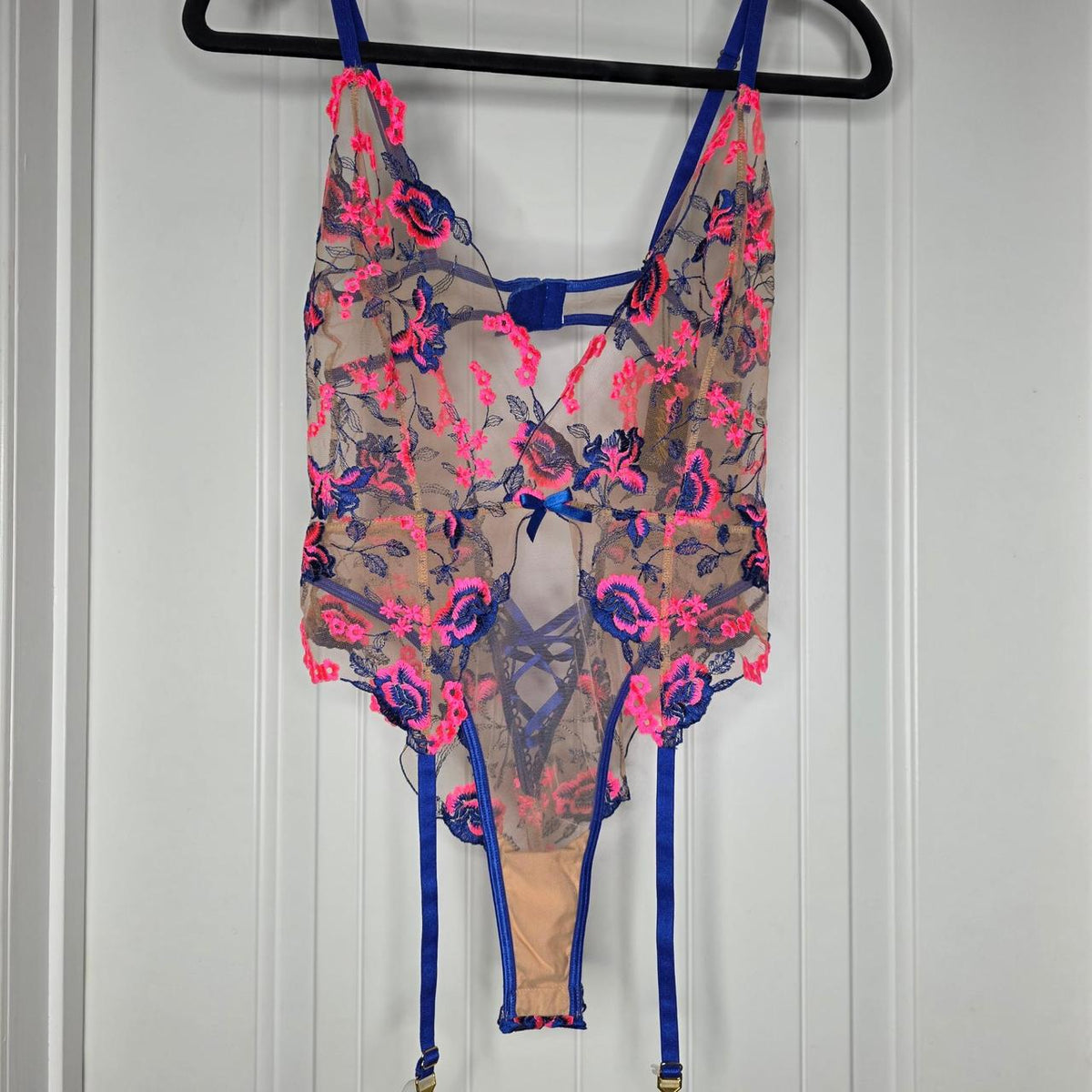 Blue/pink floral lace bodysuit with suspenders #lingerie #floral - Image 2