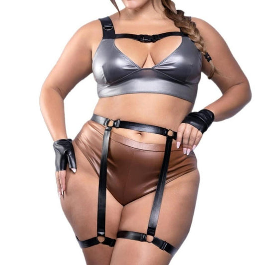 Silver and brown leather harness set with black straps #harness #leather #lingerie #Halloween #cosplay - Image 1
