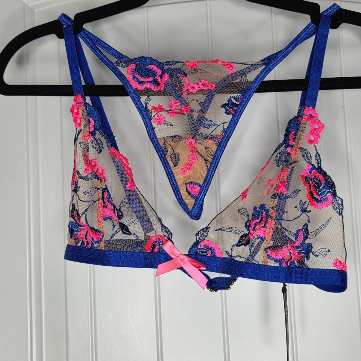 Blue/pink floral lace lingerie set with bow detail #lingerie #floral - Image 2