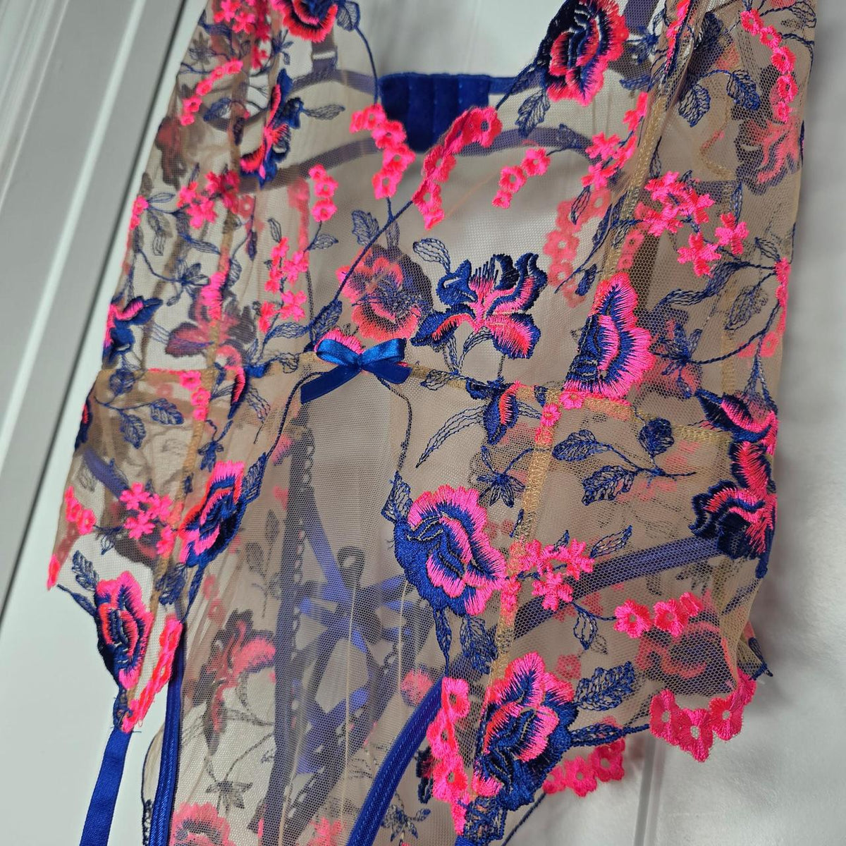 Blue/pink floral lace bodysuit with suspenders #lingerie #floral - Image 3