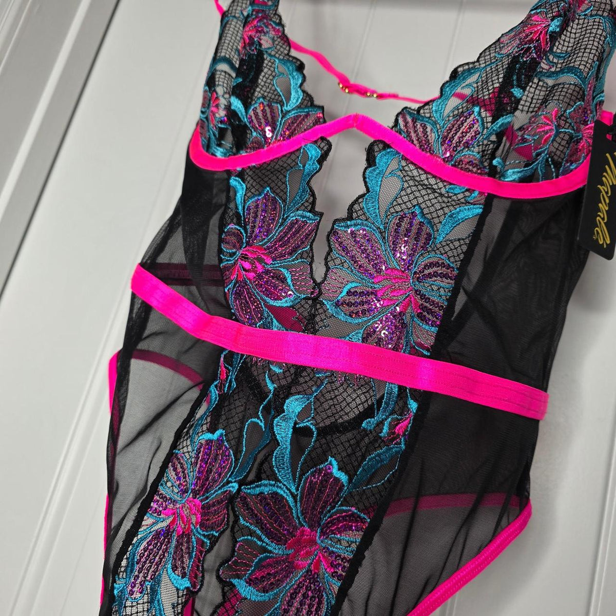 Black bodysuit with pink and blue floral embroidery and sequins #bodysuit #floral #lingerie - Image 3