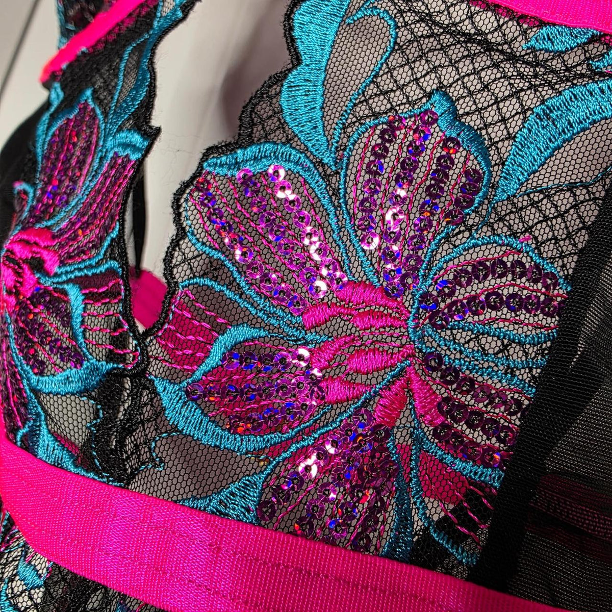 Black bodysuit with pink and blue floral embroidery and sequins #bodysuit #floral #lingerie - Image 4