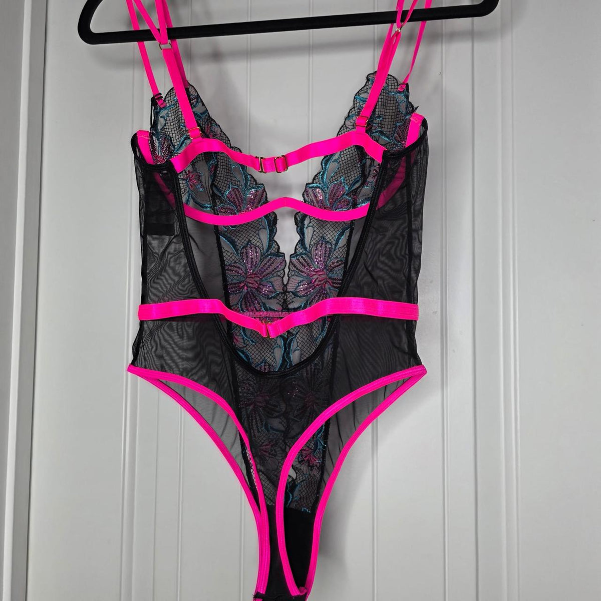 Black bodysuit with pink and blue floral embroidery and sequins #bodysuit #floral #lingerie - Image 5