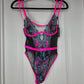 Black bodysuit with pink and blue floral embroidery and sequins #bodysuit #floral #lingerie - Image 2