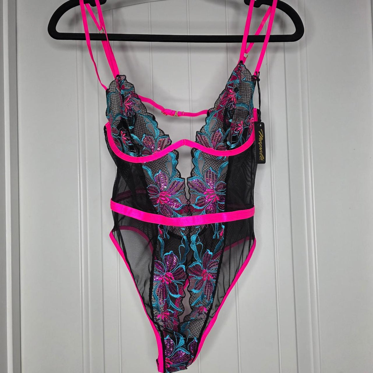 Black bodysuit with pink and blue floral embroidery and sequins #bodysuit #floral #lingerie - Image 2