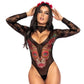 Black lace bodysuit with sugar skull graphic featuring red, green, and yellow details #halloween #costume #lingerie #catrina - Image 1