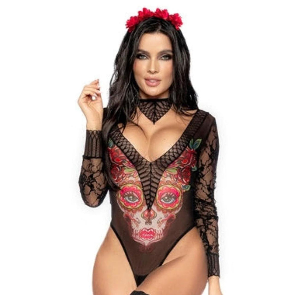Black lace bodysuit with sugar skull graphic featuring red, green, and yellow details #halloween #costume #lingerie #catrina - Image 3