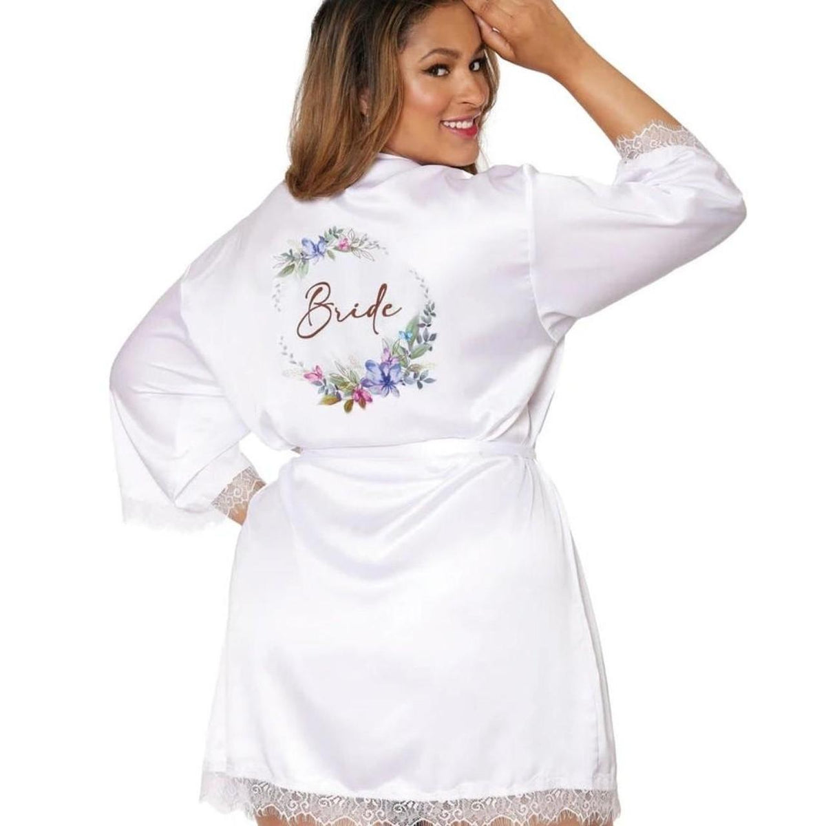 White lace trim robe with floral wreath and 'Bride' text #bridal #wedding - Image 1