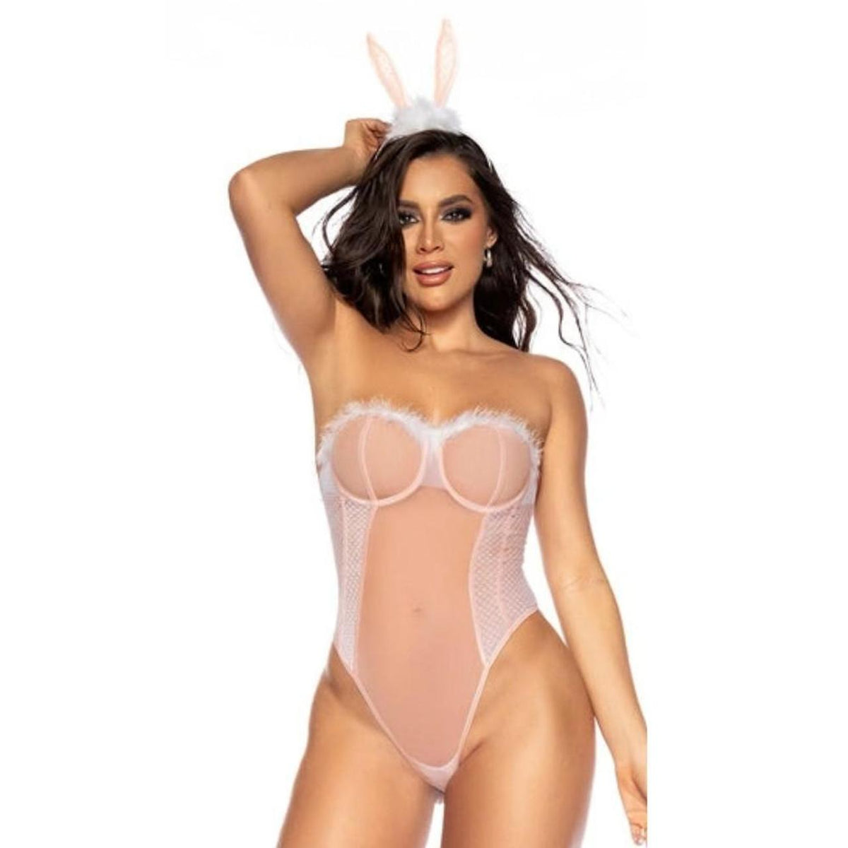 Pink bunny bodysuit with white mesh and feather trim #bunny #costume - Image 1