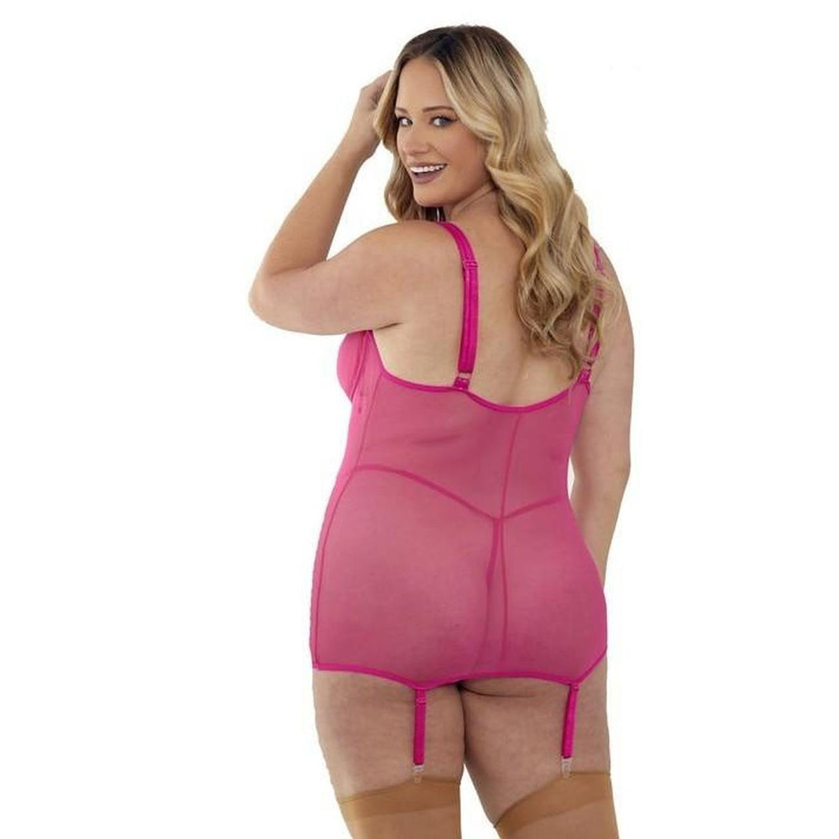 Pink lace corset with garter straps and comes with hose #lingerie #bustier #plus - Image 2