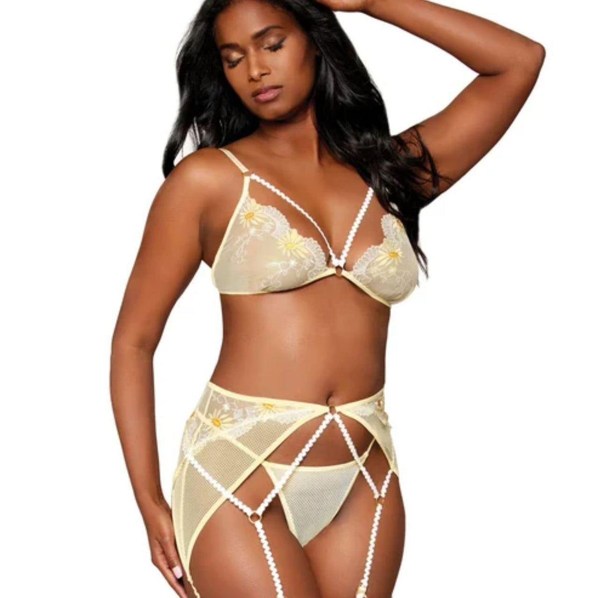 Dreamgirl Daisy Embroidery Lace and Novelty Stretch Mesh Bralette, Garter Belt and G-string Set - Image 1