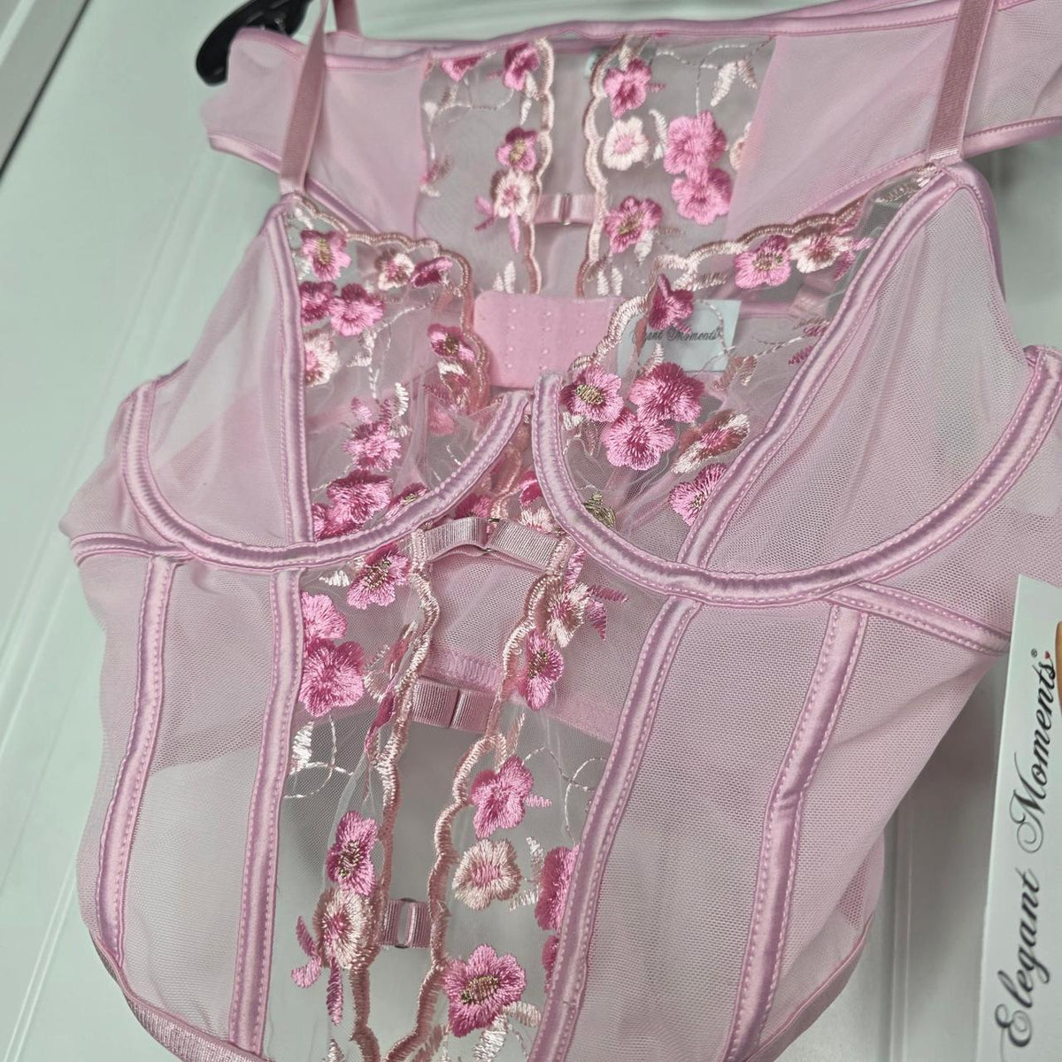 elegant moments pink corset top with floral embroidery and panties #lingerie #corset - Image 1