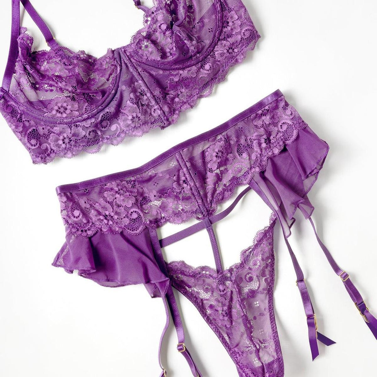 oh la la Cheri purple lace bralette with floral embroidery, size S/M. Nylon & spandex. #lingerie #floral - Image 1
