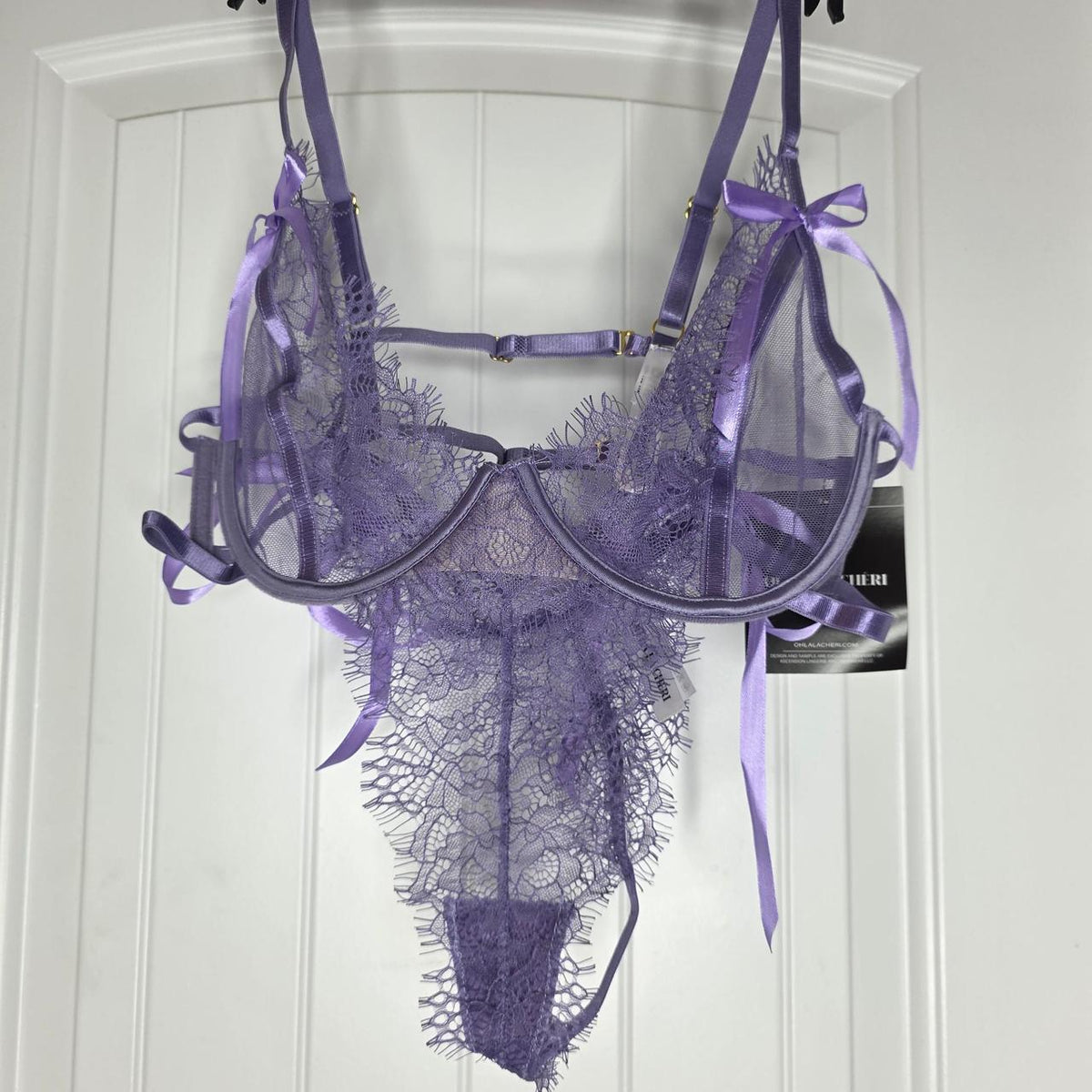 Purple lace lingerie set with bows in size S/M. Polyamide & elastane. #lingerie #intimate - Image 2