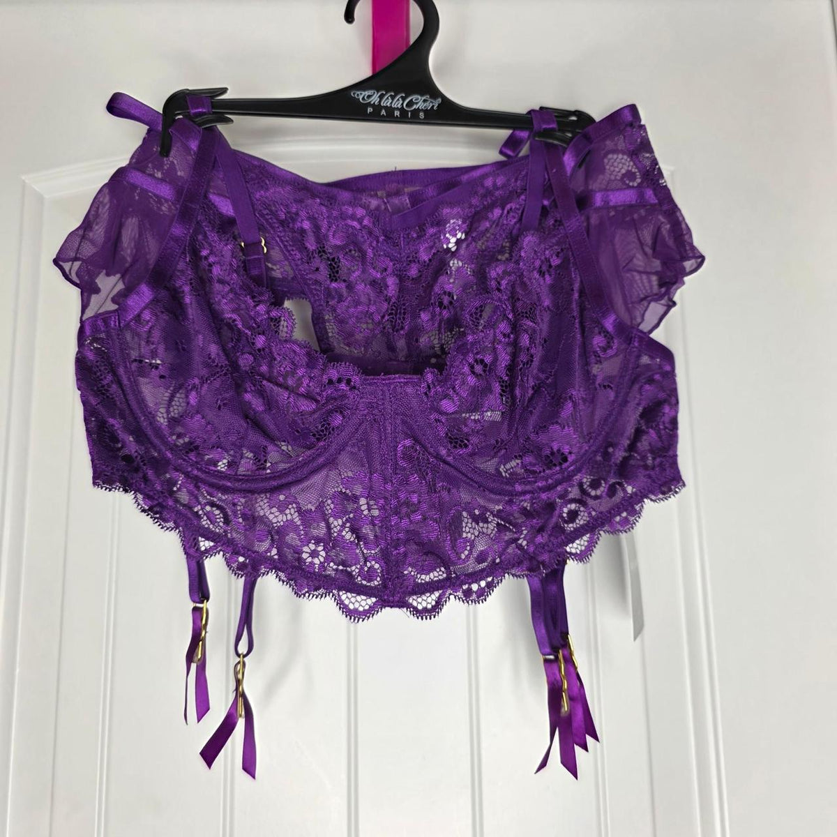 oh la la Cheri purple lace bralette with floral embroidery, size S/M. Nylon & spandex. #lingerie #floral - Image 2
