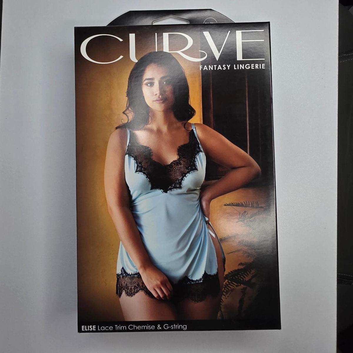 Curve Fantasy Lingerie Elise Lace Trim Chemise & G-string in light blue with black lace trim #lingerie #curve #intimate - Image 2