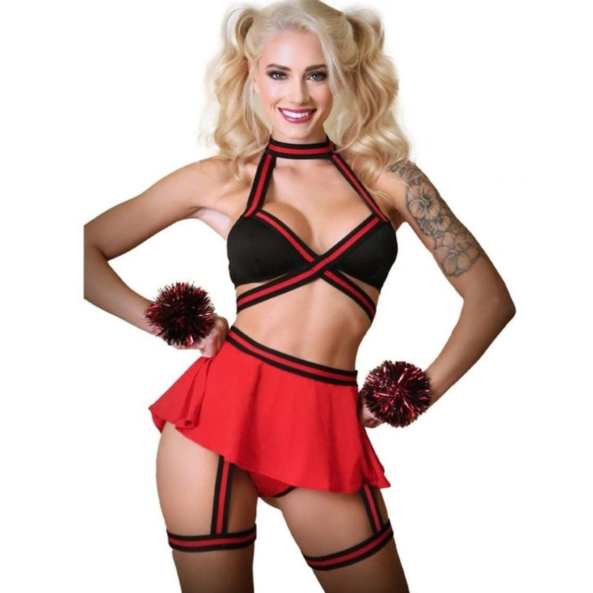 Fantasy Lingerie Squad Goals Cheerleader Costume Set in red/black with black trim - Image 1
