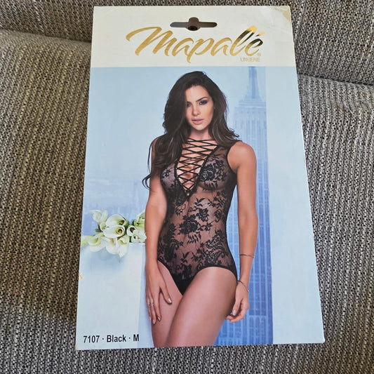 Mapale black lace bodysuit with floral design, size M #lingerie #floral - Image 1