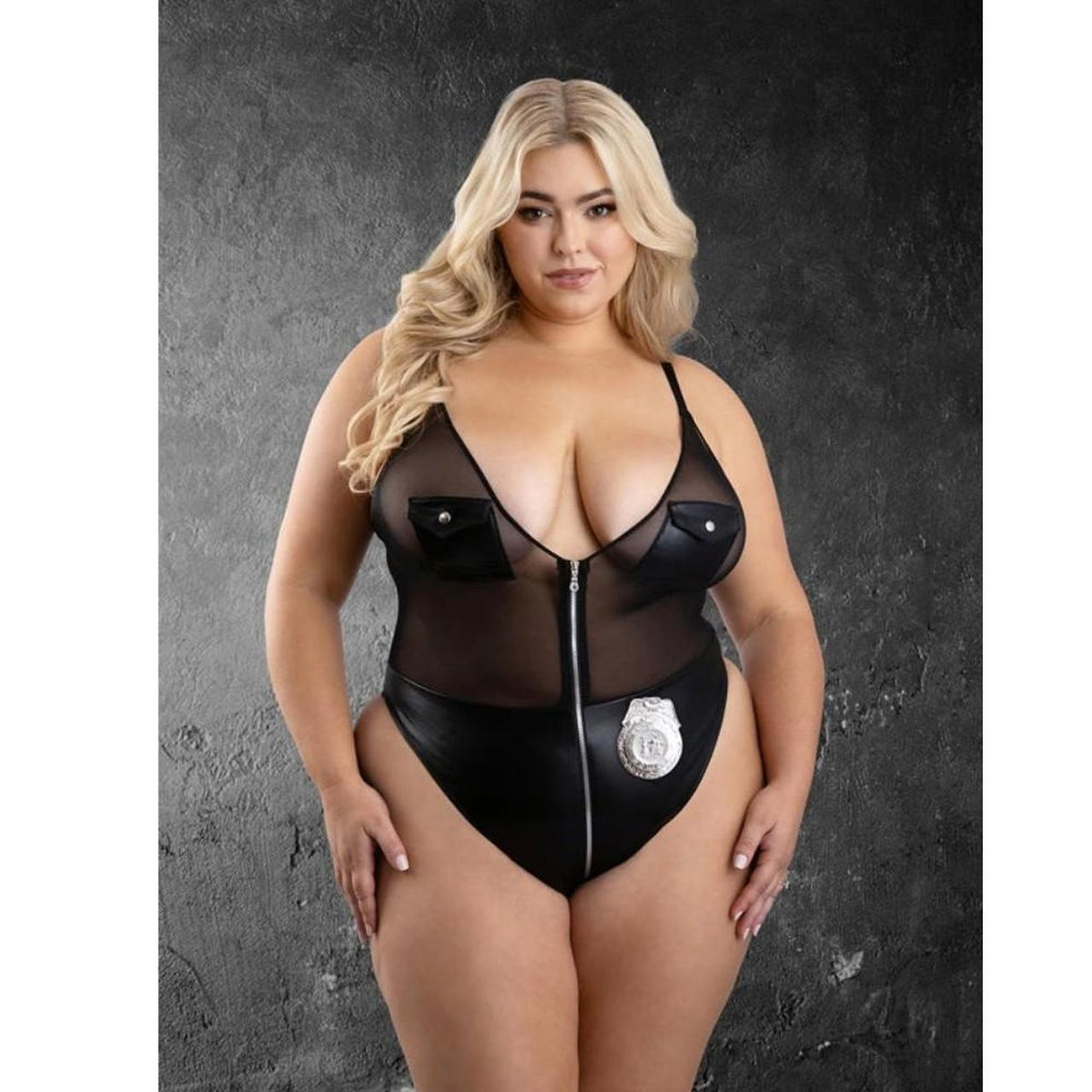 Black mesh bodysuit with faux leather accents and silver badge detail #bodysuit #mesh - Image 1