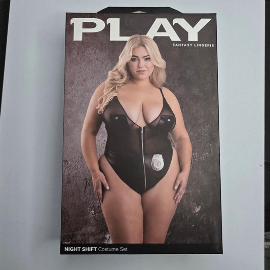 Black mesh bodysuit with faux leather accents and silver badge detail #bodysuit #mesh - Image 2