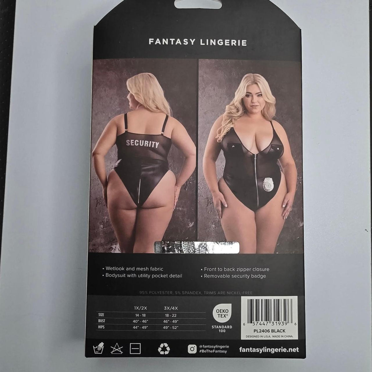 Black mesh bodysuit with faux leather accents and silver badge detail #bodysuit #mesh - Image 3