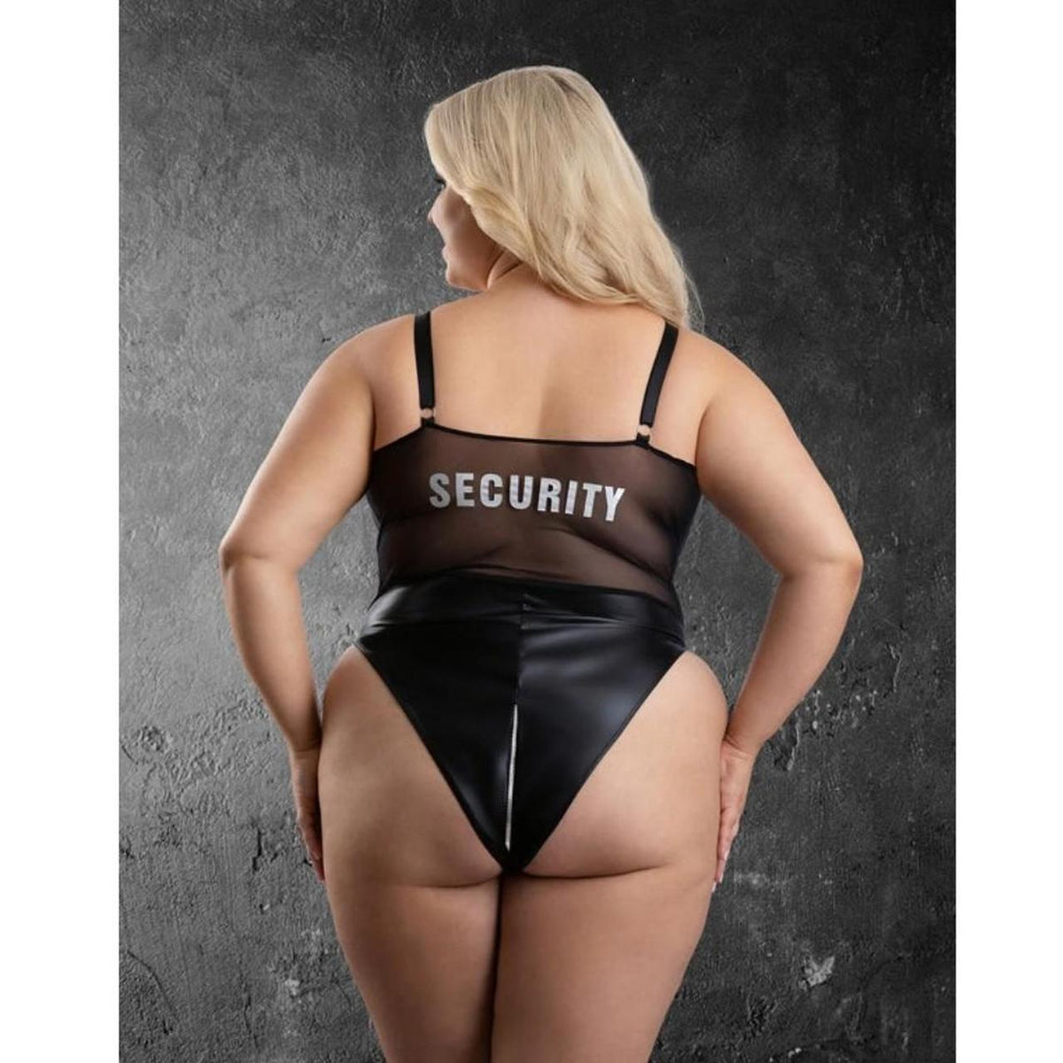 Black mesh bodysuit with faux leather accents and silver badge detail #bodysuit #mesh - Image 6