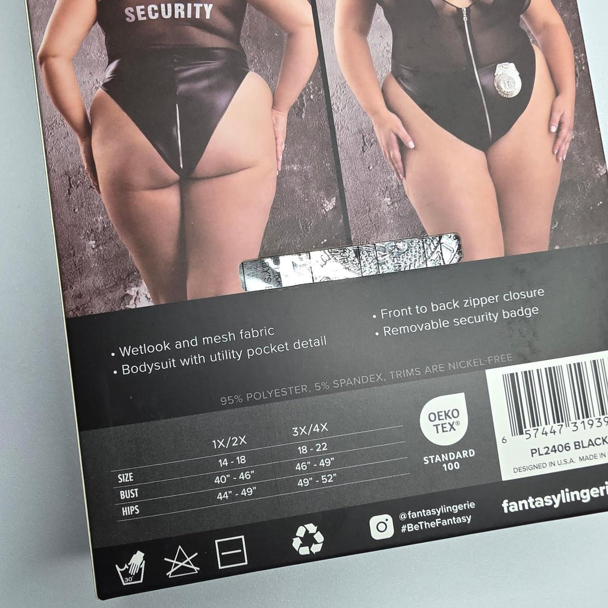 Black mesh bodysuit with faux leather accents and silver badge detail #bodysuit #mesh - Image 5