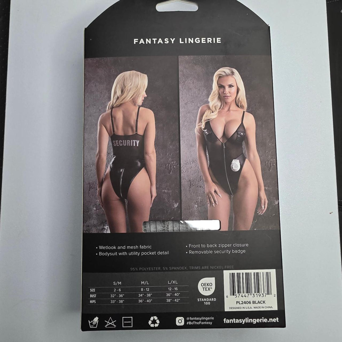 Black mesh bodysuit with faux leather accents and silver badge detail #bodysuit #mesh - Image 3