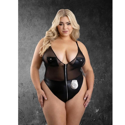 Black mesh bodysuit with faux leather accents and silver badge detail #bodysuit #mesh - Image 1