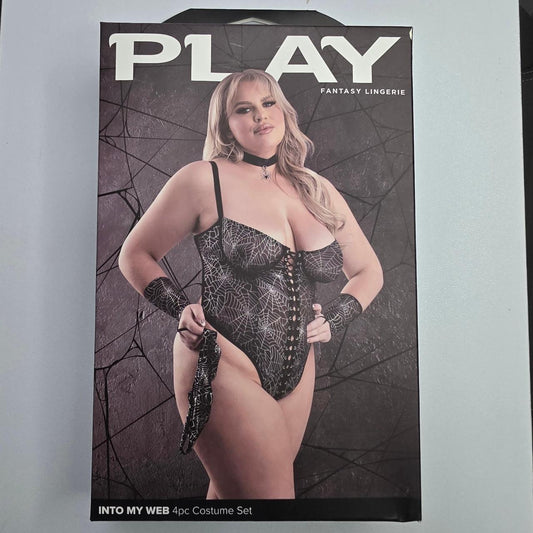 Play Fantasy Lingerie Into My Web 4pc Costume Set in black with silver spiderweb pattern, size 1X/2X #costume #spiderweb - Image 2