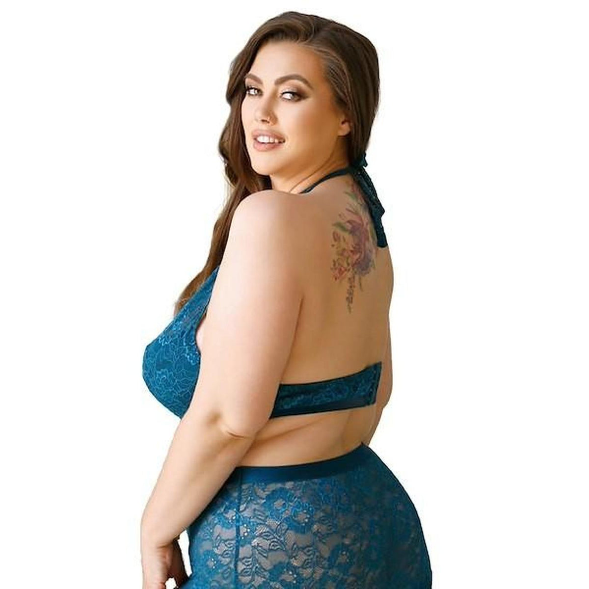 Blue lace halter crop top with floral design #halter #lace - Image 2
