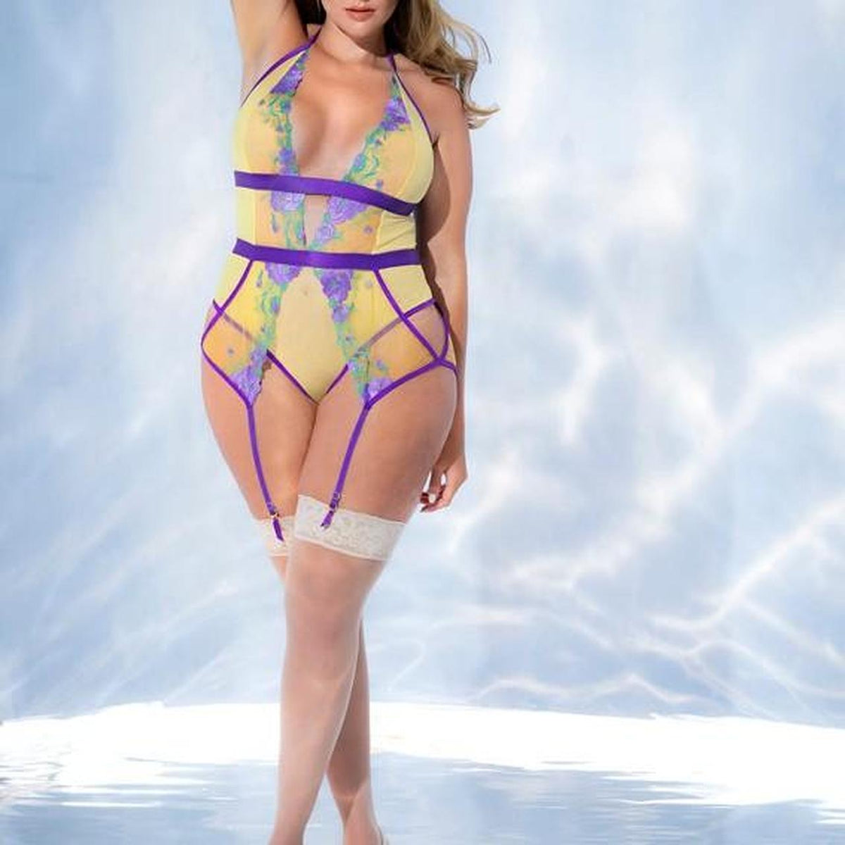 Yellow & purple floral print bodysuit with lace garter straps #floral #lingerie - Image 1
