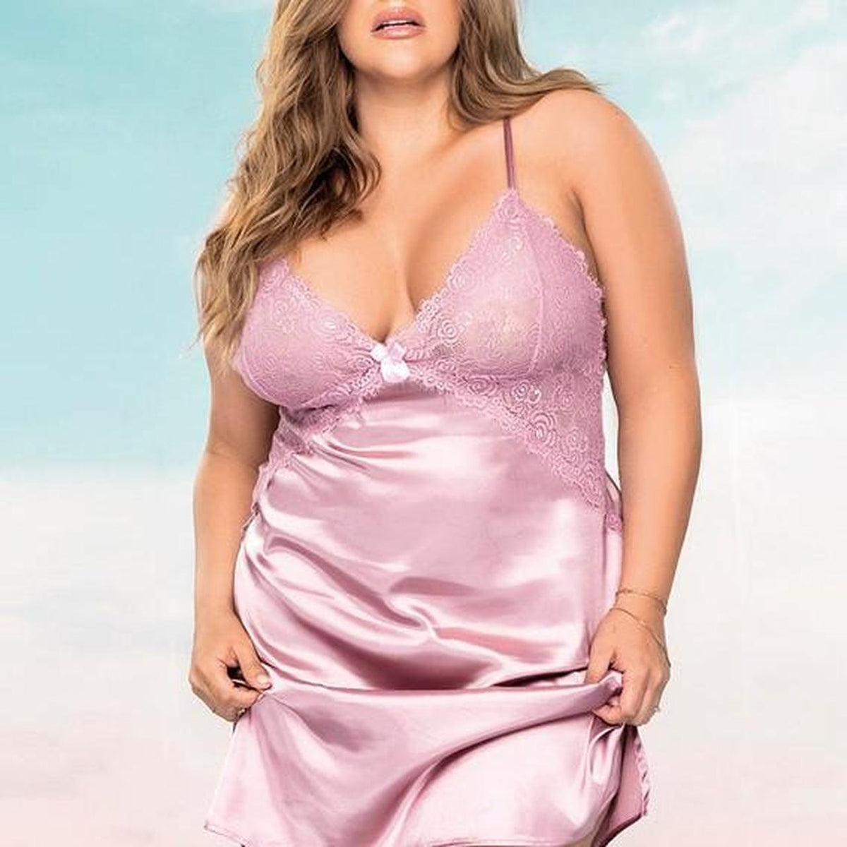 Mapale pink satin slip dress with lace trim in size 2x/3x - Image 1