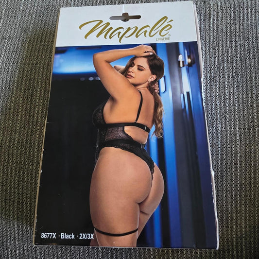 Mapale black lace bodysuit with cutouts and garter straps in 2x/3x #lingerie #cutout #plus - Image 2