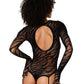 Dreamgirl Zebra fishnet teddy bodystocking with long sleeves, built-in fingered gloves, and keyhole open back detail
