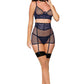 Dreamgirl 3-piece leopard stretch mesh and fishnet bra, garter skirt, and G-string set with fancy picot elastic trims and square gold hardware accents
