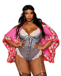 Dreamgirl Plus Size Stretch Satin, Mesh, and Eyelash Lace Garter Teddy with Quilting Details