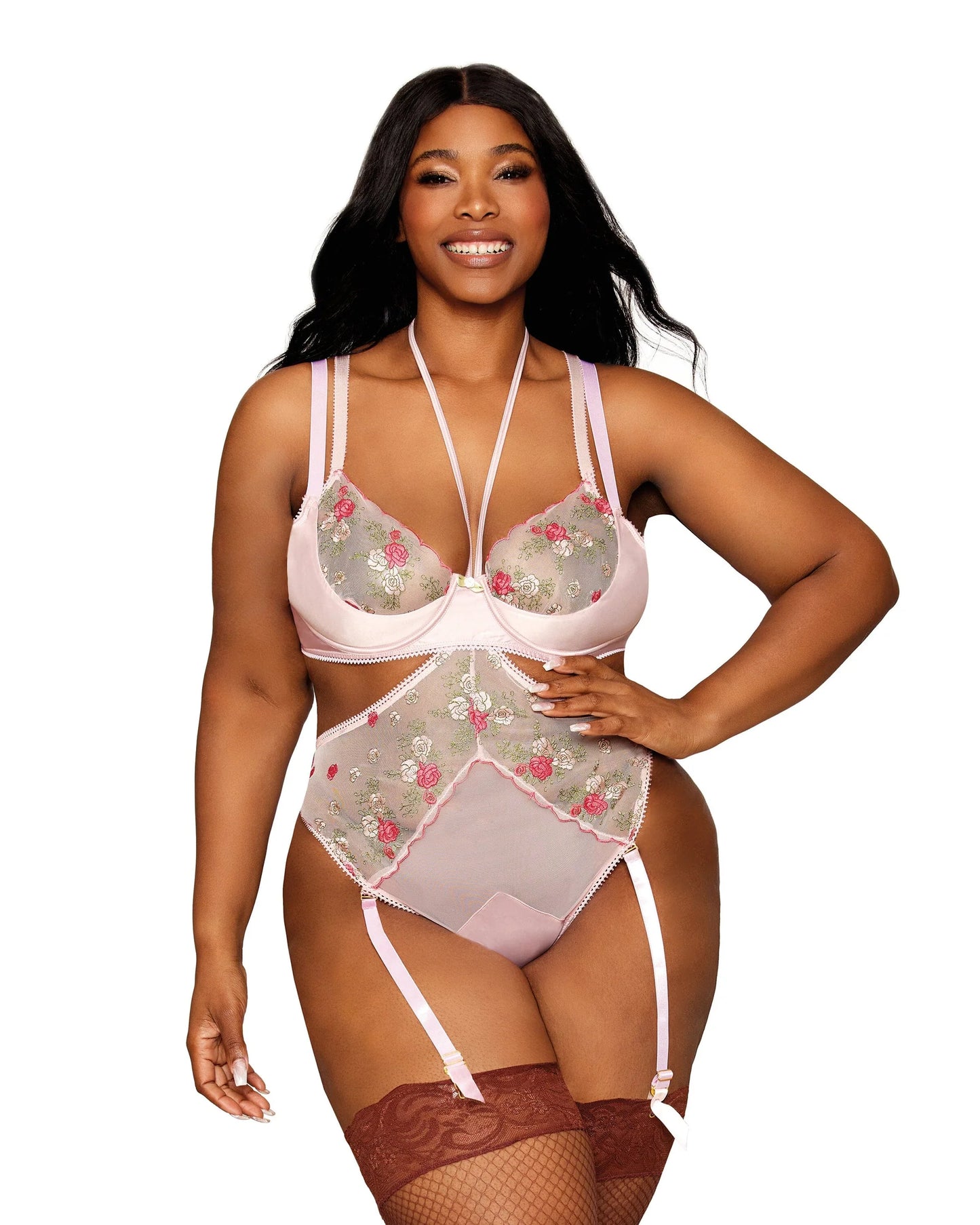 Dreamgirl Vintage Rose Embroidery Bra and Open Cup Teddy Set
