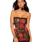 Dreamgirl Rose Printed Stretch Mesh Bustier, Mini Skirt Set with Rosette Choker Necklace