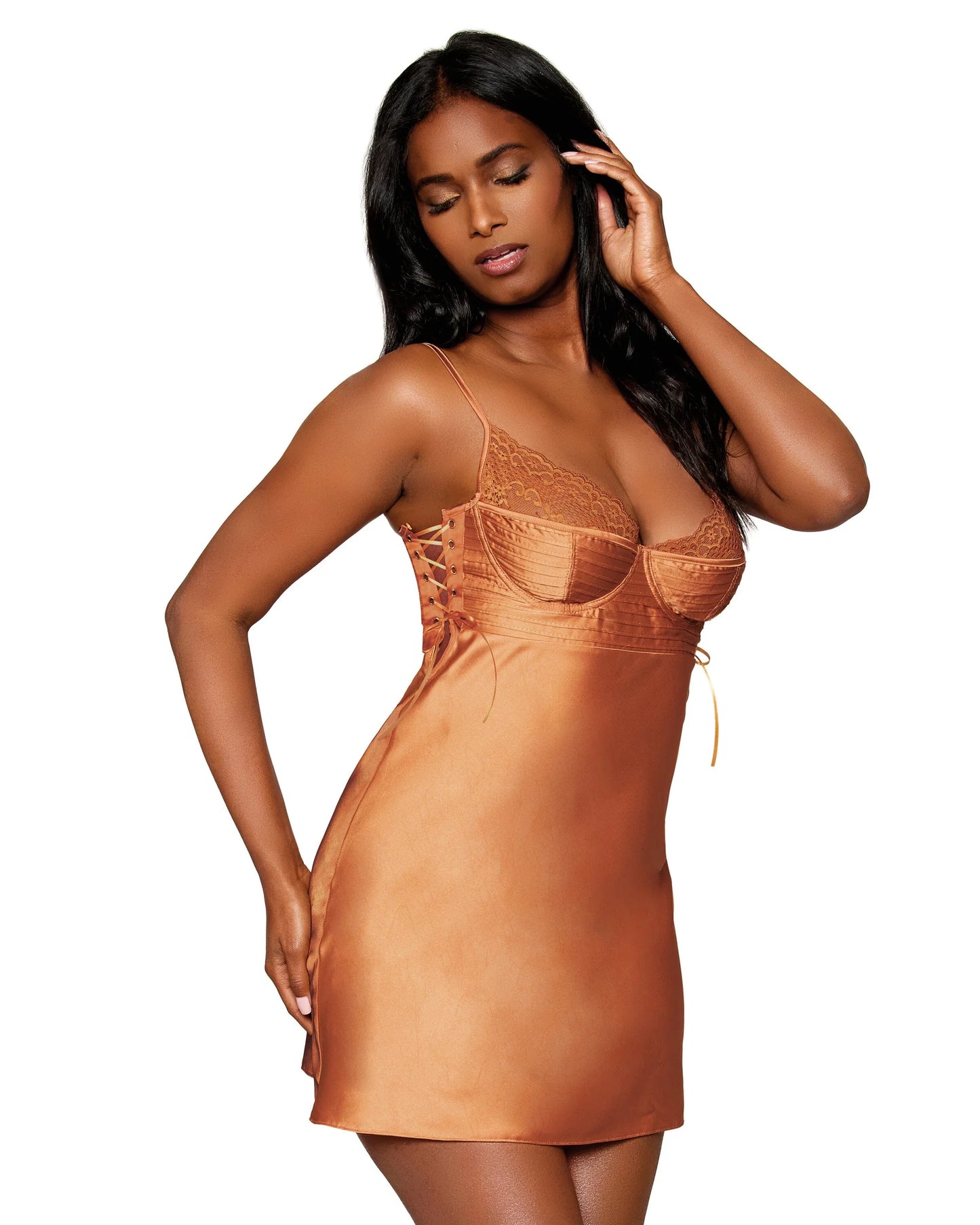 Dreamgirl Stretch Satin Chemise with Pintucking and Lace Details