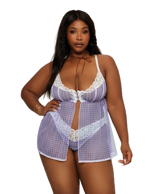 Dreamgirl Lace and Gingham Printed Mesh Babydoll and Panty Set