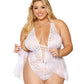 Dreamgirl Lace teddy with front lace-up detail and fully removeable mesh skirt with satin bow