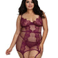 Dreamgirl Plus Size Fishnet and Eyelash Lace Garter Slip with Matching G-String - MULBERRY