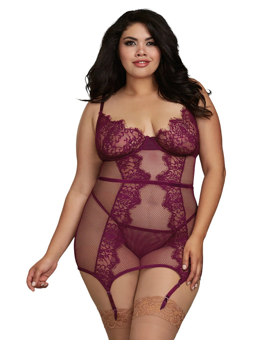 Dreamgirl Plus Size Fishnet and Eyelash Lace Garter Slip with Matching G-String - MULBERRY